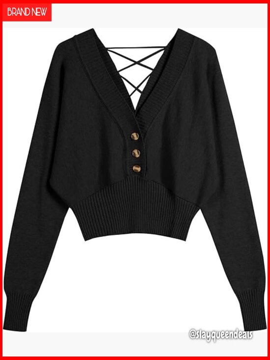 Sweaters - V Neck Button Crop Sweater Batwing Sleeve Ribbed Hem Pullover